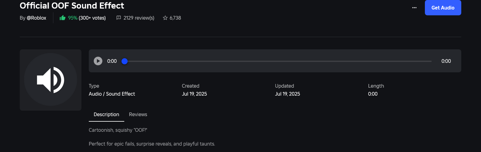 Roblox Creator Store viewing Oof Sound Effect